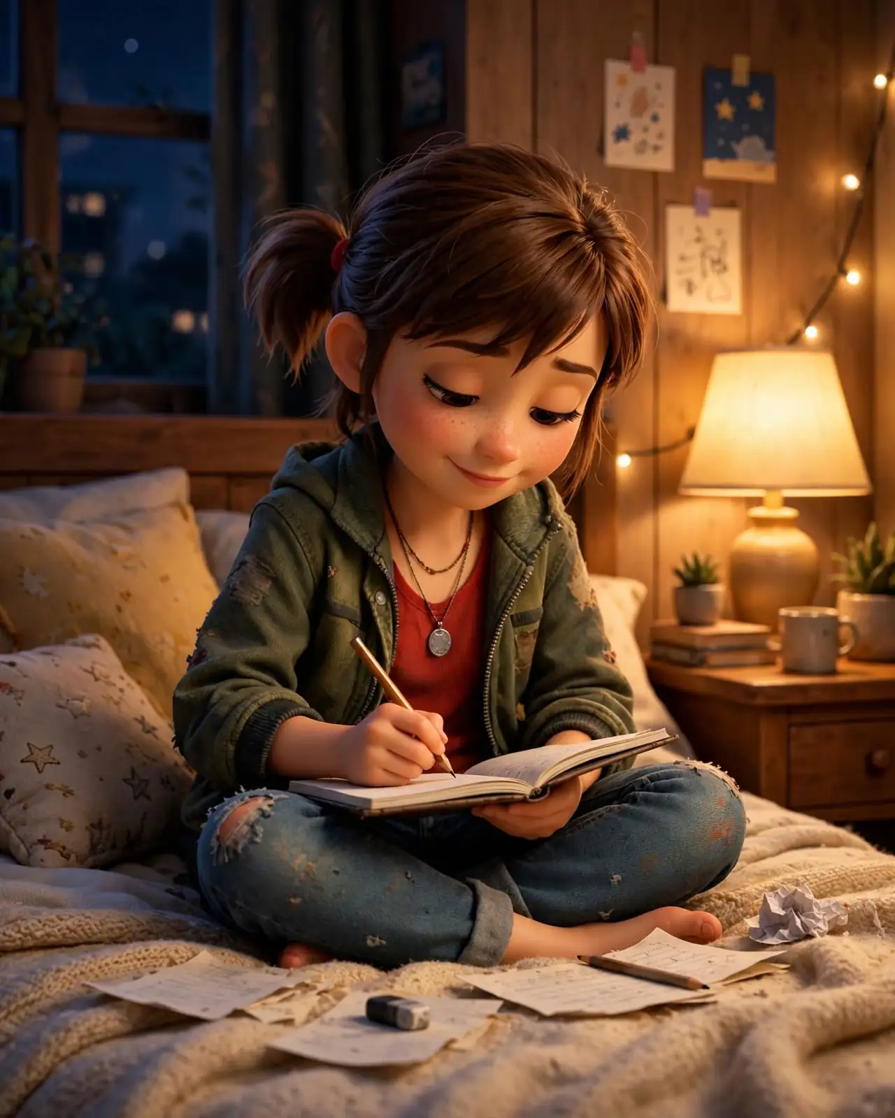 Sally with her song notebook, thinking about every voice having its own space