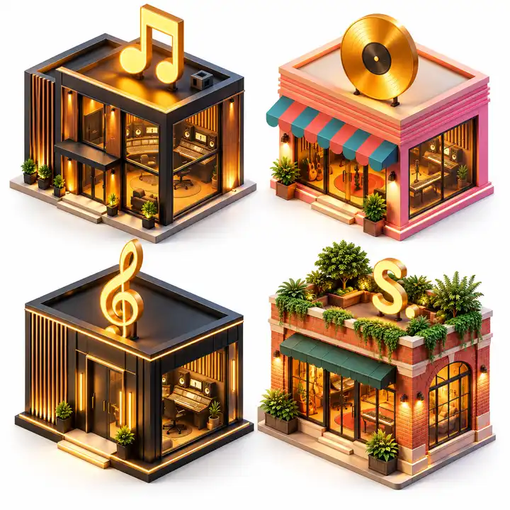 Four isometric cartoon concept views of The Studio building on white backgrounds