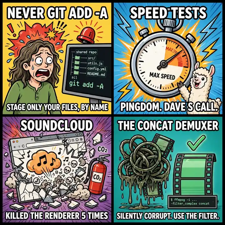 Studio meme four-pack: never git add -A stage only your files by name, Pingdom speed tests Dave's call, SoundCloud killed the browser renderer five times, the concat demuxer is silently corrupt use the filter