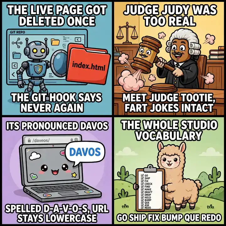 Studio meme four-pack: The live page got deleted once, the git hook says never again, Judge Judy was too real, meet Judge Tootie, its pronounced DavOS, spelled D-A-V-O-S URL stays lowercase, the whole studio vocabulary go ship fix bump que redo