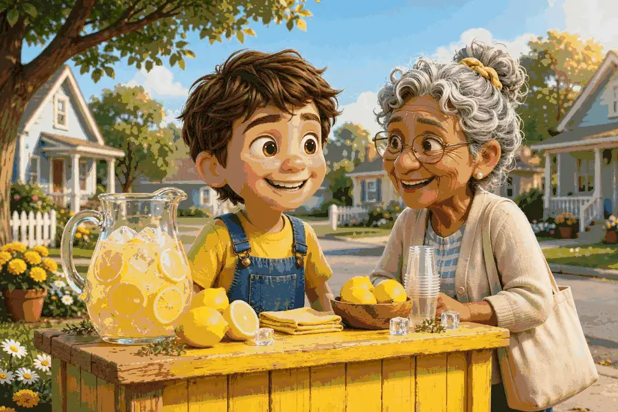 Leo's little yellow lemonade stand on its first day