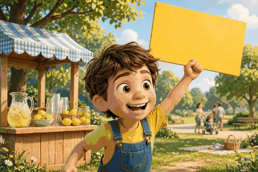 Leo waving a giant yellow sign in the park