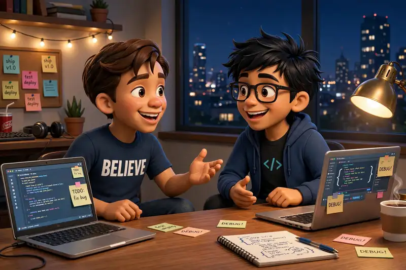 Chadwick and Dinesh working together at their laptops late at night