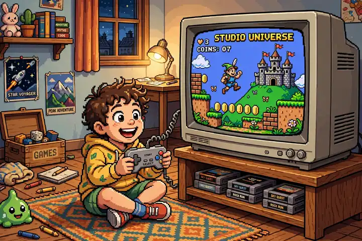 A kid playing the Studio Universe game on a CRT television