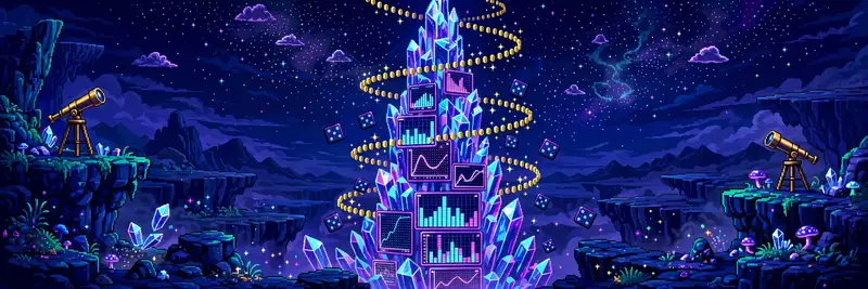 16-bit crystal spire of glowing scoreboards at night