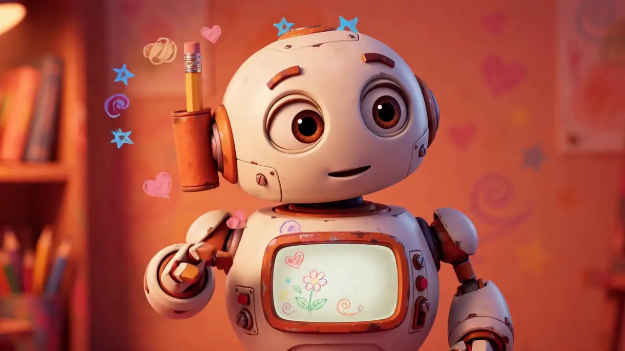 Doodle, a tiny round cream-and-rust robot with big eyes, a pencil at her side, and doodles glowing on her belly screen