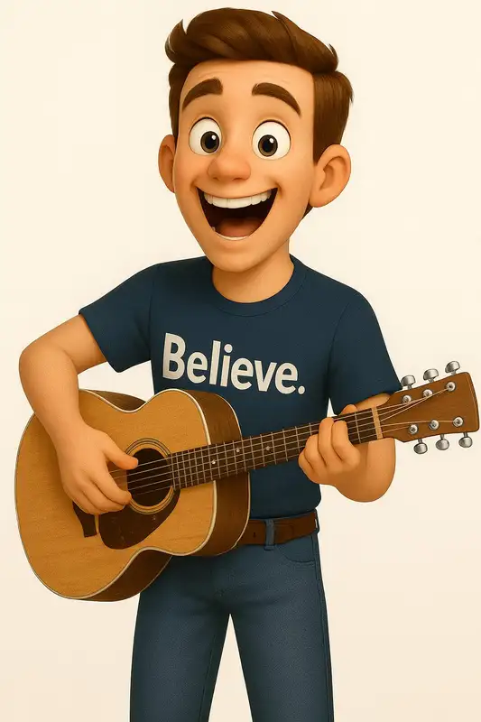 Chadwick Blaze smiling with his guitar and wearing his Believe shirt