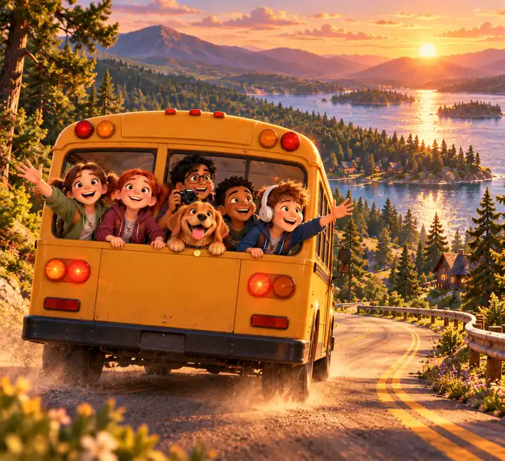The little yellow short bus driving toward Pine Lake at golden hour, the kids waving from the windows