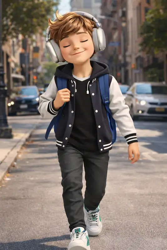 Echo walking with his eyes closed and white headphones on