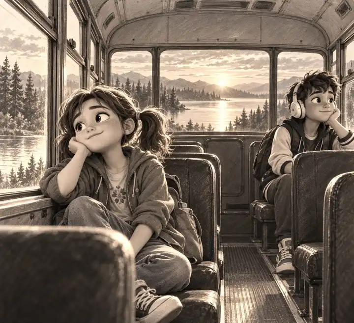 Two kids sitting quietly apart on the bus at sunset on the ride home