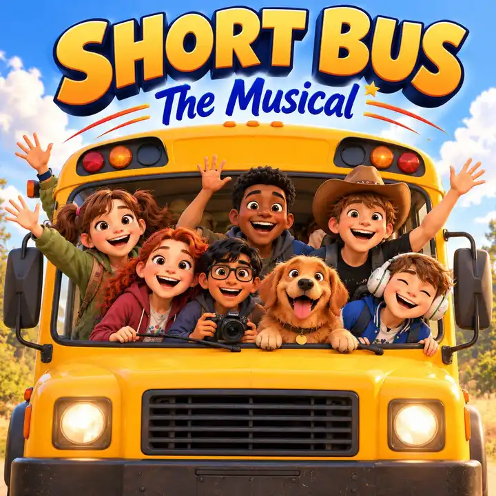 The six kids and Biscuit waving joyfully from the little yellow short bus