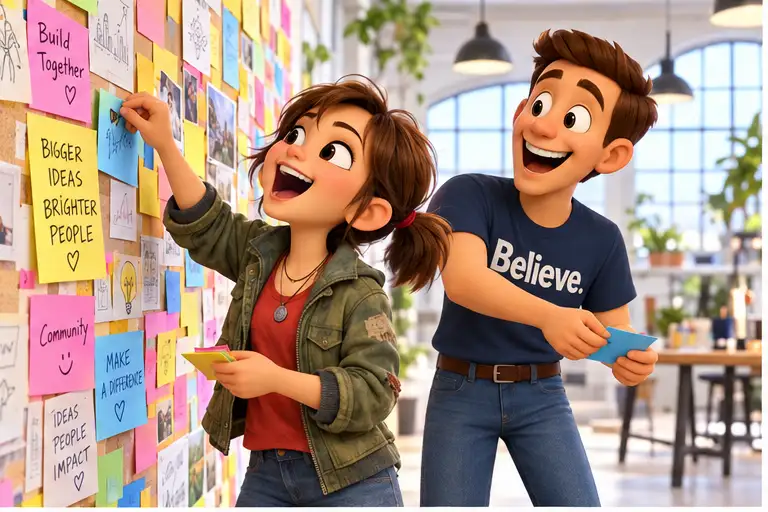 Sally and Chadwick pinning idea cards side by side, laughing